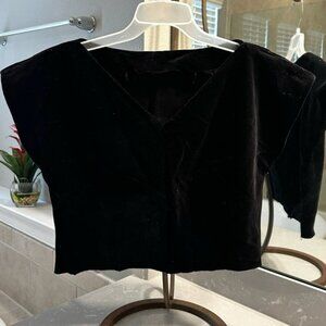 (✳️Unfinished) Elegant Vintage Black V-neck Velvet Cropped Women's Blouse Top